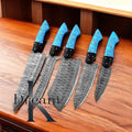 Damascus Knife Set – 13" Handmade Blades with Turquoise & Resin Handles + Leather Roll Kit