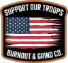A square product shot of a Patch with a distressed American flag design and the text 'Support our Troops' and 'Burnout & Grind CO.'.