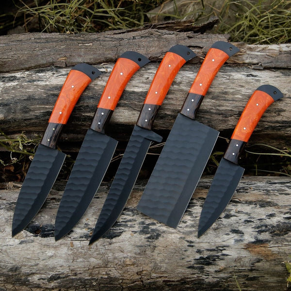 Handmade Damascus Chef Knife Set – 5-Piece with Cowhide Roll & Rose Wood Handles