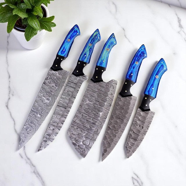 Custom Damascus Steel Knife Set with Leather Roll